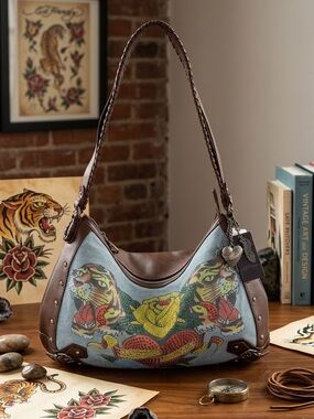 Ed Hardy Dual Tiger & Rose Rhinestone Denim Hobo Bag